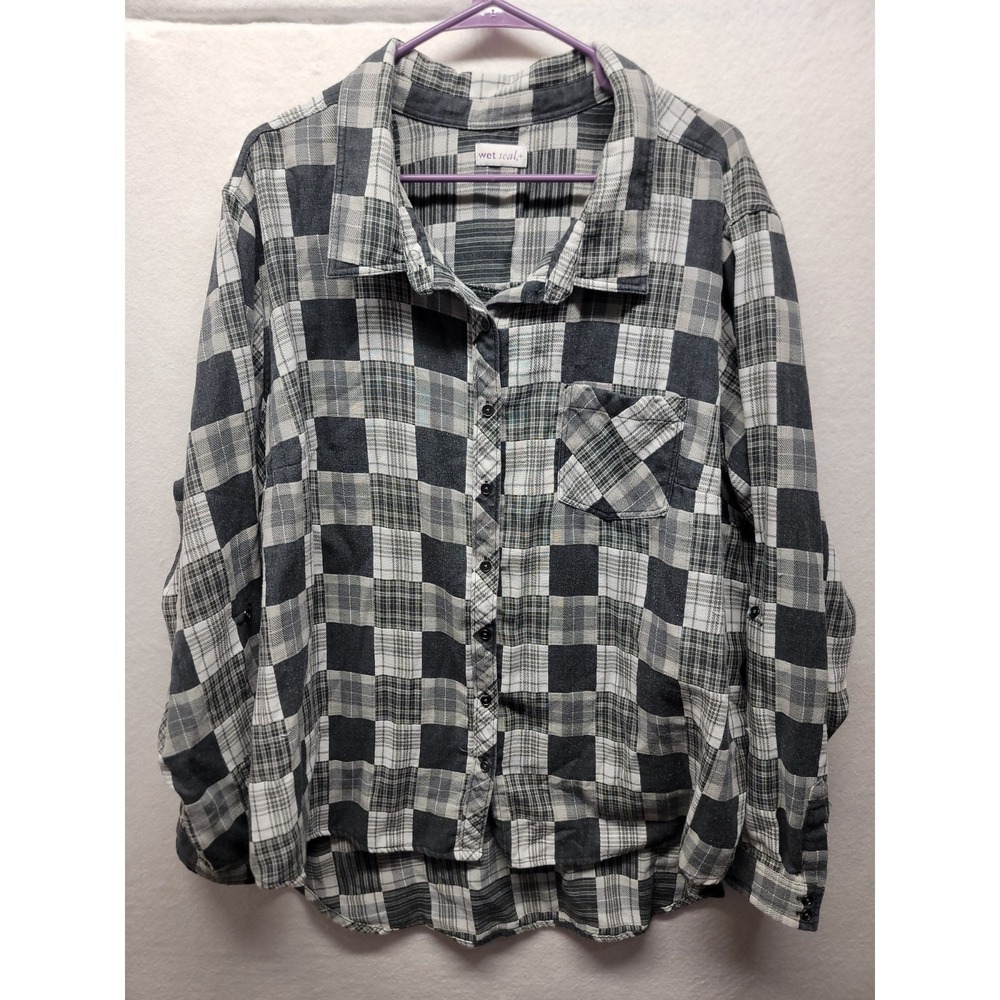 Wet Seal Patchwork Plaid Long Sleeve Button‎ Up Shirt Womens Plus 3X Vintage Y2K